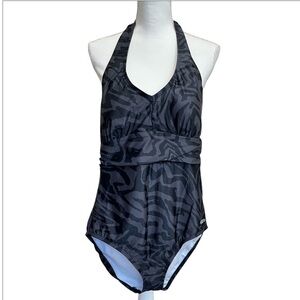 Speedo One Piece Black Grey Halter Swimsuit